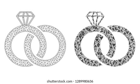 Mesh vector diamond wedding rings with flat mosaic icon isolated on a white background. Abstract lines, triangles, and points forms diamond wedding rings icons.