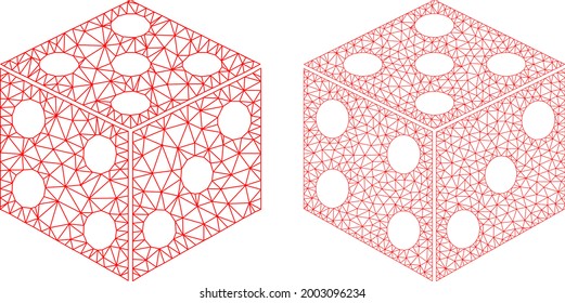 Iconos de cubo de dados vectoriales de malla. Imágenes de cubo de dados de la canal de malla en estilo bajo con triángulos estructurados, puntos y elementos lineales. Concepto de malla de cubo de dados triangulados, sobre un fondo blanco.
