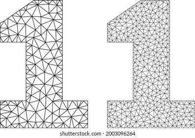 Mesh vector digit one icons. Mesh wireframe digit one images in low poly style with combined triangles, nodes and lines. Mesh model of triangulated digit one, on a white background.