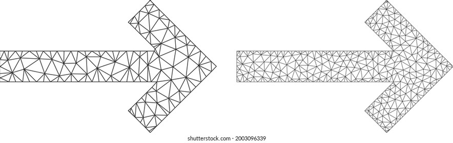 Mesh vector direction arrow icons. Mesh wireframe direction arrow images in lowpoly style with connected triangles, dots and lines. Mesh illustration of triangulated direction arrow,