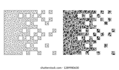 Mesh vector dissolving pixels with flat mosaic icon isolated on a white background. Abstract lines, triangles, and points forms dissolving pixels icons.