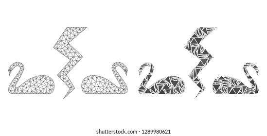 Mesh vector divorce swans with flat mosaic icon isolated on a white background. Abstract lines, triangles, and points forms divorce swans icons. Wire frame flat polygonal line mesh in vector format,