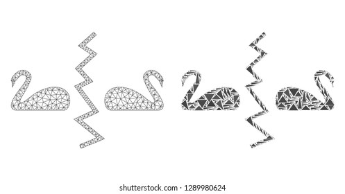 Mesh vector divorce swans with flat mosaic icon isolated on a white background. Abstract lines, triangles, and points forms divorce swans icons. Wire carcass 2D polygonal linear mesh in vector format,