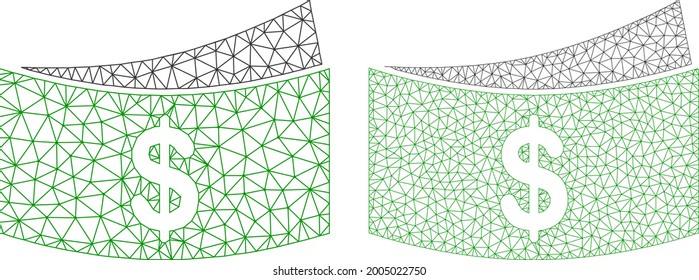 Iconos de billetes de vector de malla. Mesh wireframe dólares de billetes imágenes en estilo bajo con triángulos conectados, puntos y elementos lineales. Modelo de malla de billetes triangulados en dólares, con un fondo blanco.