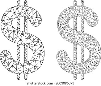 Iconos del dólar vectorial de malla. Imágenes en dólares de canal poligonal en estilo bajo con triángulos estructurados, nodos y elementos lineales. Modelo de malla de dólar triangulado, con fondo blanco.