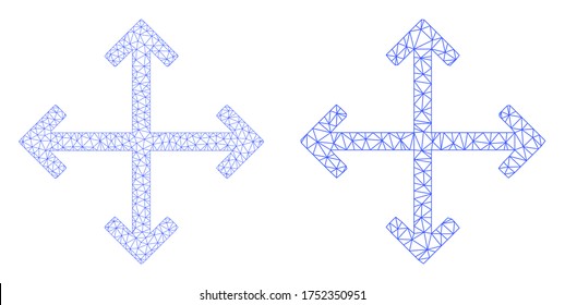 Mesh vector enlarge arrows icon. Mesh carcass enlarge arrows image in low poly style with organized triangles, dots and linear items. Mesh model of triangulated enlarge arrows, on a white background.