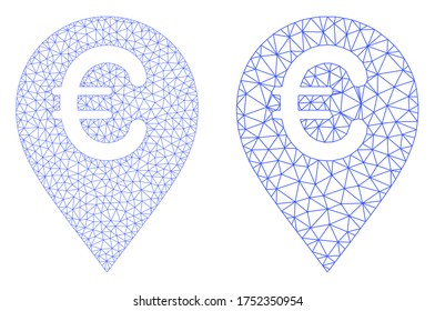 Icono de marcador de mapa del euro vector de malla. Mesh wireframe euro map marker imagen en estilo bajo con triángulos, puntos y elementos lineales conectados. composición en malla del marcador triangulado del mapa del euro,