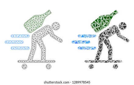 Mesh vector express wine courier with flat mosaic icon isolated on a white background. Abstract lines, triangles, and points forms express wine courier icons.