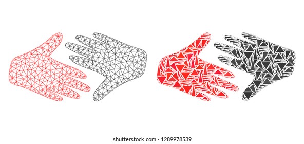 Mesh vector fair trade handshake with flat mosaic icon isolated on a white background. Abstract lines, triangles, and points forms fair trade handshake icons.