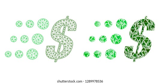 Mesh vector fast dollar with flat mosaic icon isolated on a white background. Abstract lines, triangles, and points forms fast dollar icons. Wire carcass flat polygonal linear mesh in vector format,