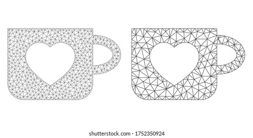 Mesh vector favourite cup icon. Mesh wireframe favourite cup image in lowpoly style with combined triangles, dots and lines. Mesh composition of triangulated favourite cup, on a white background.