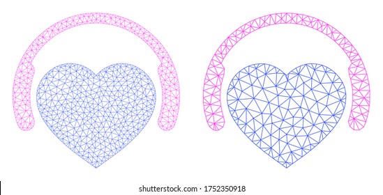 Mesh vector favourite headphones icon. Mesh wireframe favourite headphones image in lowpoly style with connected triangles, dots and lines. Mesh model of triangulated favourite headphones,