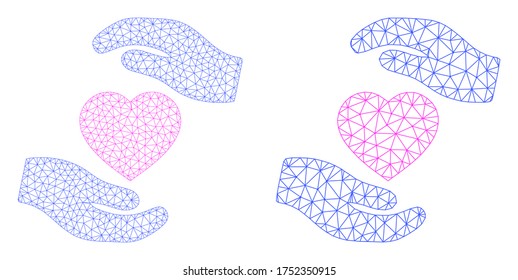 Mesh vector favourite heart care hands icon. Mesh carcass favourite heart care hands image in low poly style with connected triangles, dots and linear items.