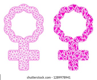Mesh vector female cell symbol with flat mosaic icon isolated on a white background. Abstract lines, triangles, and points forms female cell symbol icons.