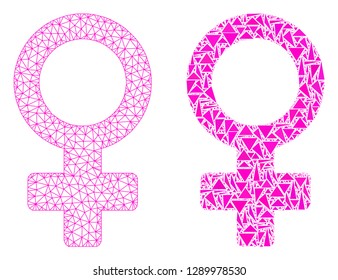 Mesh vector female symbol with flat mosaic icon isolated on a white background. Abstract lines, triangles, and points forms female symbol icons. Wire frame flat polygonal line mesh in vector format,