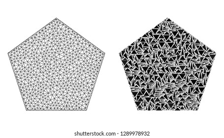 Mesh vector filled pentagon with flat mosaic icon isolated on a white background. Abstract lines, triangles, and points forms filled pentagon icons.