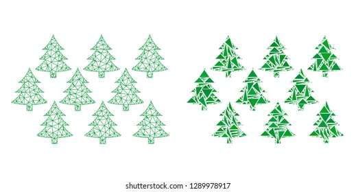 Mesh vector fir forest with flat mosaic icon isolated on a white background. Abstract lines, triangles, and points forms fir forest icons. Wire carcass flat polygonal linear mesh in vector format,