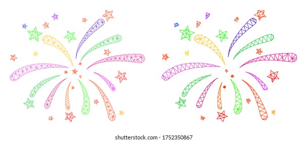 Mesh vector fireworks icon. Mesh wireframe fireworks image in lowpoly style with organized triangles, dots and lines. Mesh concept of triangulated fireworks, on a white background.