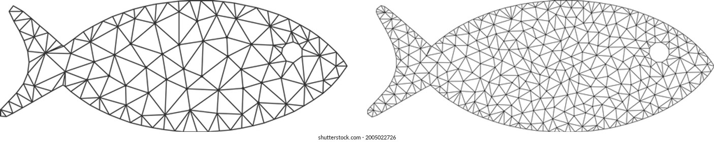 Mesh vector fish icons. Mesh wireframe fish images in low poly style with organized triangles, nodes and lines. Mesh model of triangulated fish, on a white background.