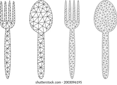 Mesh Vector Food Utensil Icons. Mesh Carcass Food Utensil Images In Lowpoly Style With Combined Triangles, Nodes And Linear Items. Mesh Illustration Of Triangulated Food Utensil,