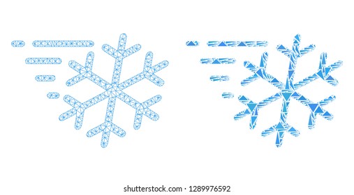 Mesh vector frost wind with flat mosaic icon isolated on a white background. Abstract lines, triangles, and points forms frost wind icons. Wire carcass flat triangular line mesh in vector format,