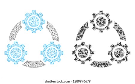 Mesh vector gear planetary transmission with flat mosaic icon isolated on a white background. Abstract lines, triangles, and points forms gear planetary transmission icons.