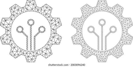 Mesh vector gear sensor icons. Mesh carcass gear sensor images in low poly style with organized triangles, points and linear items. Mesh model of triangulated gear sensor, on a white background.