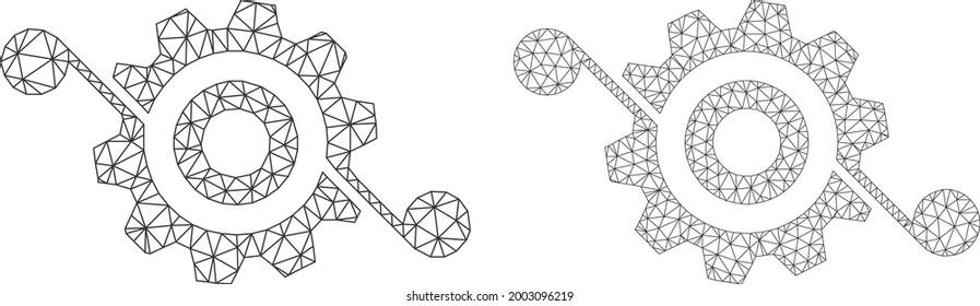 Mesh vector gear solution icons. Mesh carcass gear solution images in lowpoly style with structured triangles, points and lines. Mesh concept of triangulated gear solution, on a white background.