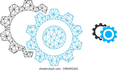 Mesh vector gears image with flat icon isolated on a white background. Wire frame flat polygonal linear mesh for gears icon. Lines and points forms gears icon.
