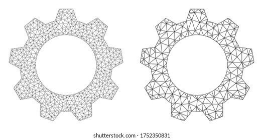 Mesh vector gearwheel icon. Mesh wireframe gearwheel image in lowpoly style with connected triangles, points and lines. Mesh composition of triangulated gearwheel, on a white background.