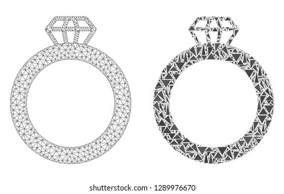 Mesh vector gem ring with flat mosaic icon isolated on a white background. Abstract lines, triangles, and points forms gem ring icons. Wire frame flat triangular linear mesh in vector format,