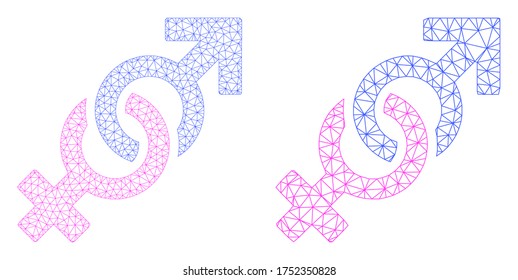 Symbol für die Konfrontation zwischen den Geschlechtern. Mesh Wireframe Gender Konfrontation Symbol im Low-Poly-Stil mit verbundenen Dreiecken, Punkten und linearen Elementen.