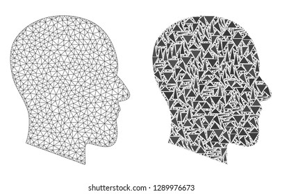 Mesh vector gentleman profile with flat mosaic icon isolated on a white background. Abstract lines, triangles, and points forms gentleman profile icons.