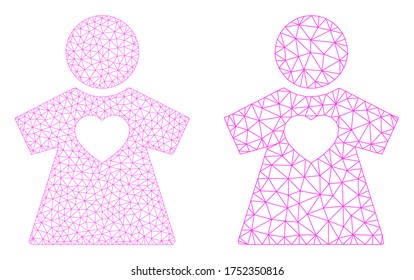 Icono de novia vectorial de malla. Imagen de la novia de malla con forma de alambre en un estilo bajo con triángulos, puntos y líneas combinados. Concepto de malla de novia triangulada, de fondo blanco.