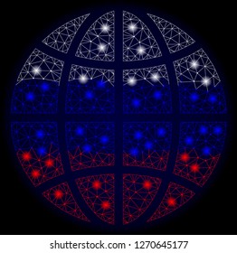 Mesh vector global map of world with glare effect in Russian official flag colors. Abstract lines, triangles, light spots and points on dark background with global map of world.