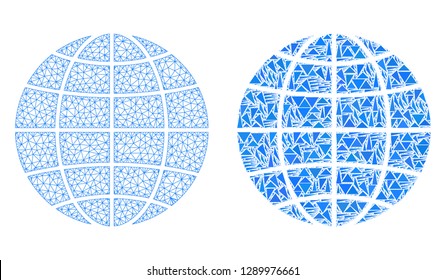 Mesh vector globe with flat mosaic icon isolated on a white background. Abstract lines, triangles, and points forms globe icons. Wire frame flat polygonal linear mesh in vector format,