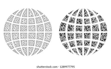 Mesh vector globe with flat mosaic icon isolated on a white background. Abstract lines, triangles, and points forms globe icons. Wire frame flat polygonal line mesh in vector format,