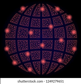 Mesh vector globe with glare effect. Red abstract lines, light spots and points on a dark background with globe. Triangle mesh and glare elements are placed on different layers in EPS10 vector.