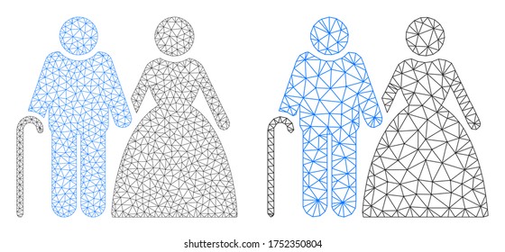 Mesh vector grandparents couple icon. Mesh carcass grandparents couple image in low poly style with structured triangles, nodes and lines. Mesh composition of triangulated grandparents couple,