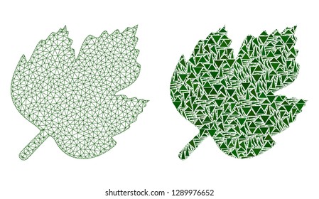 Mesh vector grape leaf with flat mosaic icon isolated on a white background. Abstract lines, triangles, and points forms grape leaf icons. Wire carcass 2D triangular line mesh in vector format,