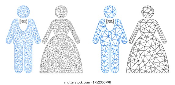 Mesh vector groom with bride icon. Mesh wireframe groom with bride image in lowpoly style with organized triangles, nodes and lines. Mesh model of triangulated groom with bride, on a white background.