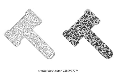 Mesh vector hammer with flat mosaic icon isolated on a white background. Abstract lines, triangles, and points forms hammer icons. Wire frame flat triangular linear mesh in vector format,