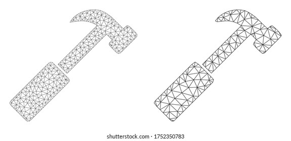 Mesh-Vektorhammer-Symbol. Mesh-Karkassehammer-Bild im Low-Poly-Stil mit strukturierten Dreiecken, Knoten und linearen Elementen. Mesh-Modell eines triangulierten Hammer auf weißem Hintergrund.