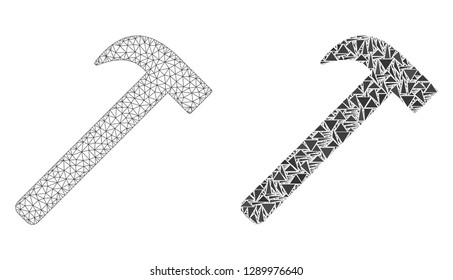 Mesh vector hammer tool with flat mosaic icon isolated on a white background. Abstract lines, triangles, and points forms hammer tool icons. Wire frame flat polygonal line mesh in vector format,