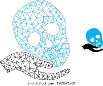Mesh vector hand holds skull image with flat icon isolated on a white background. Wire frame flat polygonal line mesh for hand holds skull icon. Lines and points forms hand holds skull icon.