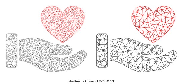 Mesh vector hand offer love heart icon. Mesh wireframe hand offer love heart image in lowpoly style with connected triangles, nodes and linear items. Mesh model of triangulated hand offer love heart,