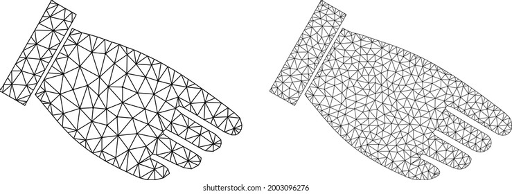 Mesh vector hand palm icons. Mesh wireframe hand palm images in low poly style with structured triangles, nodes and linear items. Mesh composition of triangulated hand palm, on a white background.