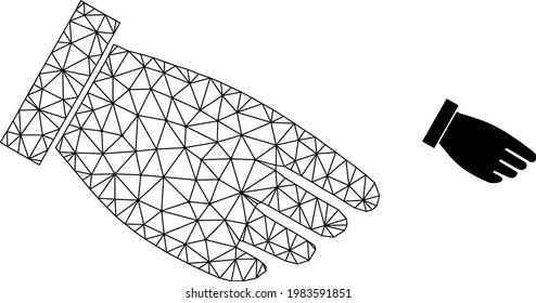 Mesh vector hand palm image with flat icon isolated on a white background. Wire carcass flat triangular linear mesh for hand palm icon. Lines and points forms hand palm icon.