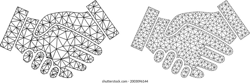 Mesh vector handshake icons. Mesh wireframe handshake images in lowpoly style with combined triangles, dots and lines. Mesh model of triangulated handshake, on a white background.