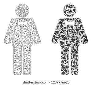 Mesh vector happy mister with flat mosaic icon isolated on a white background. Abstract lines, triangles, and points forms happy mister icons. Wire carcass 2D polygonal line mesh in vector format,